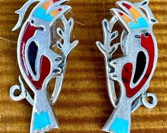 Vintage Taxco Mexico 925 Sterling Silver Toucan Turquoise - Jasper - Post Earrings - Total Weight 14.6 Grams