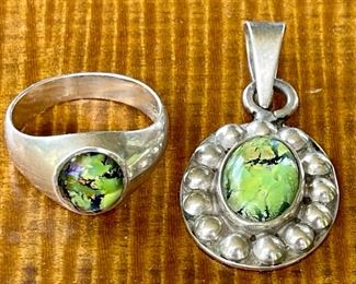 Vintage Mexico Eagle Sterling Silver Faux Green Turquoise Ring Size 7.75 And Pendant Total Weight 13.3 Grams