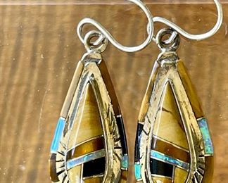 Navajo Sterling Silver - Onyx - Opal - Tiger's Eye - Wire Earrings Signed BR