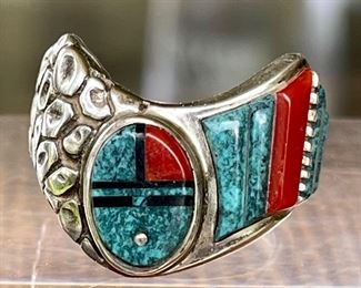 Navajo Wilbert Manning Yei Turquoise - Onyx And Coral Inlay Ring Size 9.5 Total Weight 11.7 Grams