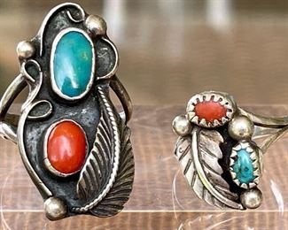 2 Vintage Navajo Sterling Silver - Turquoise - Coral Rings - One Shadowbox Signed HJ