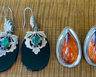 Vintage Mexico Sterling Silver & Amber Tear Drop Post Earrings And 925 Black Onyx Green Stone Earrings