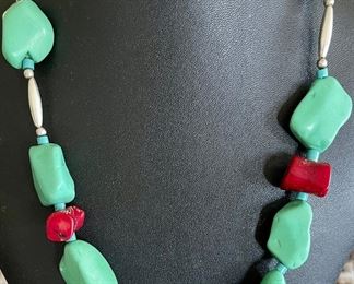 Artisan Turquoise And Coral Southwestern Style 20" Necklace With Silver Beads