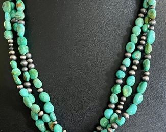 Vintage Artisan Multi Strand Southwestern Turquoise And Silver Bead 18" Necklace