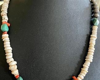 Vintage Heishi Shell - Turquoise - Coral - Sterling Silver Bench Bead 18" Necklace