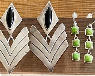 Barse Sterling Silver Triple Drop Green Turquoise Earrings & Sterling Silver & Black Onyx Post Earrings