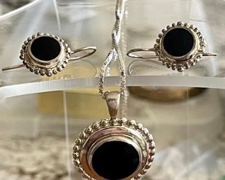 Sterling Silver And Onyx Signed PD 18" Necklace, Pendant & Matching Earrings Total Weight 15.9 Grams