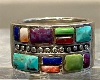 Sterling Silver Cobblestone Turquoise - Sugalite - Coral - Green Turquoise Inlay Ring Size 7.5 - 14.3 Grams