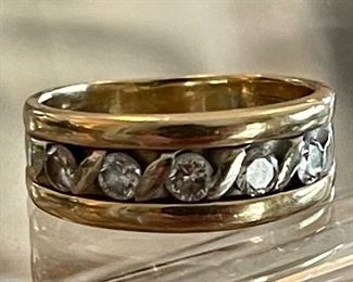 14K Yellow Gold With White Gold Band 5 Diamond Ring Signed Exquisite Size 7 - 5.8 Grams