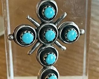 Sterling Silver Petite Point Double Sided Cross - Turquoise & Coral - 6 Grams