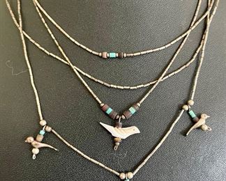 Vintage Hand Made Southwestern Liquid Silver Bead Necklaces With Fetish Birds - Coral & Turquoise