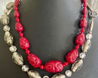 2 Vintage Pressed Glass Bead Necklaces Red And Silver