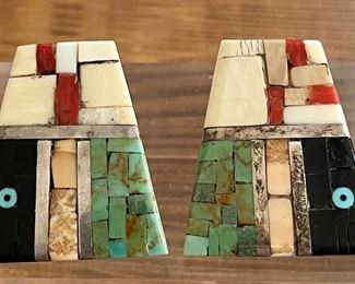 Vintage Mosaic Inlay Earrings On Mother Of Pearl - Turquoise - Coral - Onyx