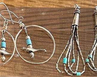 2 Pairs Of Southwestern Liquid Silver And Turquoise Earrings
