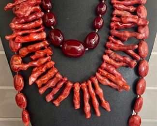 3 Vintage Necklaces - 32" Sponge Coral Bead - Dyed Faux Coral Brand And Vintage Red Bakelite Graduated Bead