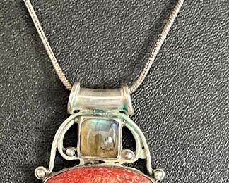 Sterling Silver Labradorite - Coral & Amber Pendant With Sterling Silver 16" Chain