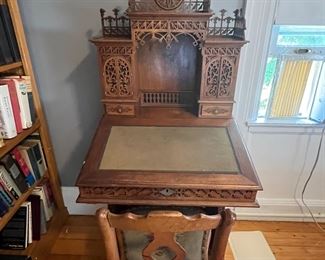 Gorgeous and unique Victorian Fret carved walnut davenport desk