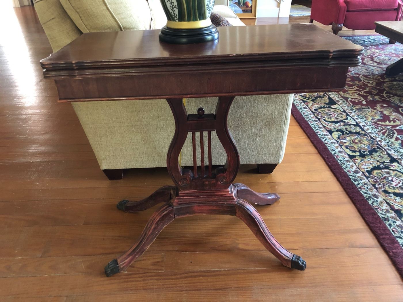 Antique wood harp table. 