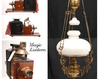 Victorian Magic Lantern Projector and Hubbard Gasolier Lamp
