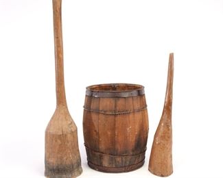 Primitive Wooden Barrel & Large Club Mashers