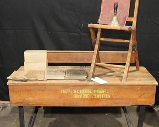 Antique Double School Desk w/ folding chair, bell, and children's books/ slate +