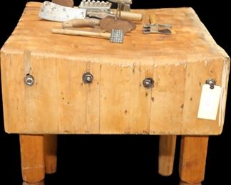 Antique Butcher Block Table & Tools
