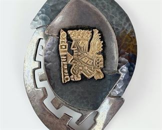 21 Grams Fine Peru Sterling Silver & 18K Gold Aztec Mayan Pin Brooch Pendant Signed
