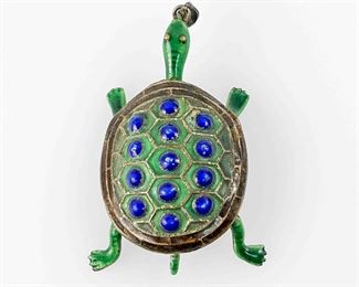 Vintage Silver Painted Enamel Figural Turtle Pendant
