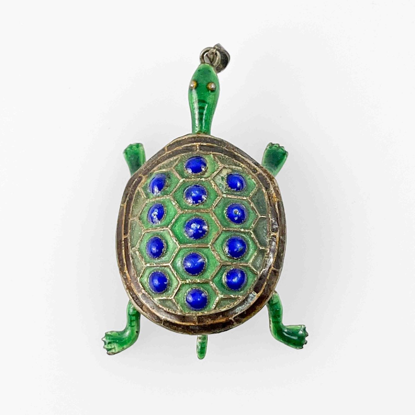 Vintage Silver Painted Enamel Figural Turtle Pendant

