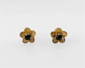 Fine Gold Blue Sapphire Flower Pierced Stud Earrings

