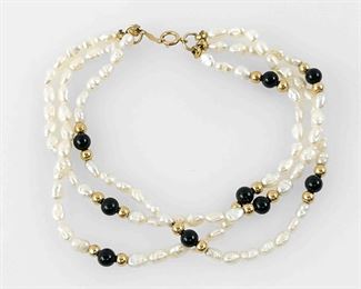 Fine 14K Yellow Gold Freshwater Pearl & Onyx Bracelet 7"
