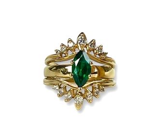 Fine 14K Yellow Gold Synthetic Emerald & Cubic Zirconia Bridal Set.
