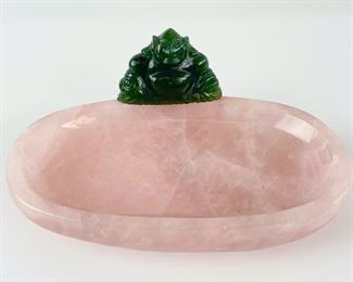 Vintage Asian Carved Rose Quartz & Buddha Jade Soap Or Ash Tray
