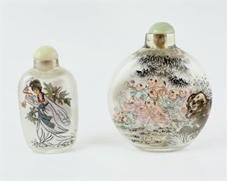 2 Antique Asian Reverse Paint Glass Snuff Bottles W/ Jade Tops
