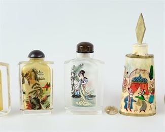 Antique Asian Reverse Hand Painted Glass & Carved Bone Snuff Bottles
