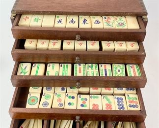 Antique Asian Mahjong Carved Bone & Bamboo Game Pieces W/ Wooden Box Shanghai Trading Co
