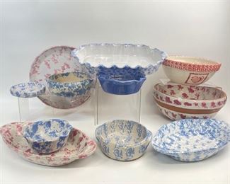 Signed Large Bybee Pottery Center Bowls Sponge ware style
