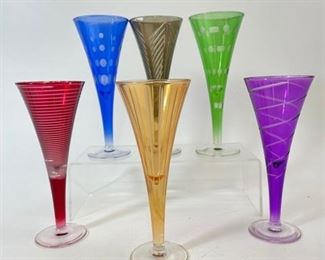 Vintage multicolored Etched Cut to Clear Style Decorative Mcm STEMED Glasses
