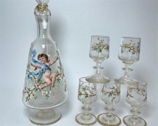 Antique Hand Painted PUtti Cherub Glass Decanter with matching Glass
