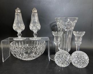 Fine Waterford Crystal SET OF CANDLE HOLDERS SALT AND PAPPER SHAKERS AND BOWL WITH SMALLER ROUND CANDLE VOTIVE
