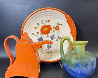 Mcm Mid Century Modern Art Pottery Lot Signed 1920s art pottery French blue and green pitcher vase with orange signed art deco pitcher & decorative center piece bowl
