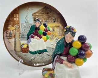 Fine Royal Doulton English Bone China The Old Balloon Seller Figurine and decorative plate HN1315
