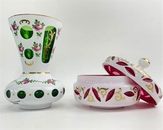 Vintage Bohemian Moser Czech White Cut Green and Red Vase /Trinket box

