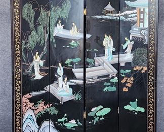 Wonderful Asian Lacquer Hand Carved Hand Painted 4 Panel Reversible Screen
