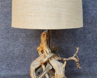 Fantastic Modern Style Sculptural Driftwood Table Lamp W/ Burlap Shade
