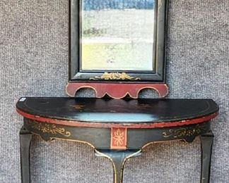Vintage Chinoiserie Paneled Console Table & Matching Mirror Hollywood Regency Style
