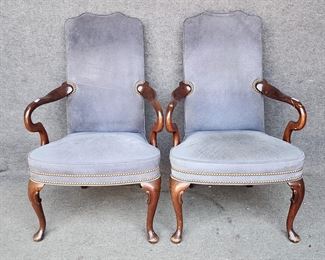 Pair 20th cHancock & Moore Seats blue suede brass tack arm chairs
