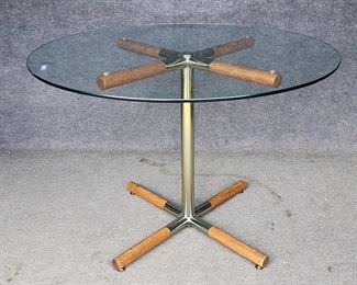 MCM Round Glass Wood & Brass Dinette Table
