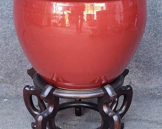 Large Glazed Pottery Jardiniere Planter on Carved Asian Base
