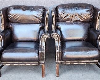 Pair 2 Fantastic Vintage Faux Leather Brass Tack Trim Reclining Lounge Chairs
